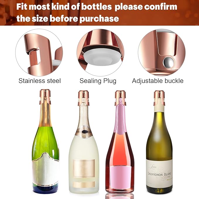 Tessco 12 Pcs Stainless Steel Champagne Stopper Reusable Bottle Sealer Wine Corker Champagne Cork Stopper with a Built in Sealing Plug Compact Champagne Saver Plug for Cava Prosecco (Rose Gold)