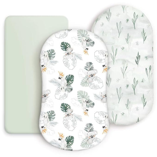 GRSSDER Stretch Ultra Soft Fitted Bassinet Sheets 3 Pack, Universal Fit for Bassinets Baby Cradle Moses Basket Oval Rectangle Mattress Safe and Snug, Stylish Watercolor Animals for Baby, Mint Green