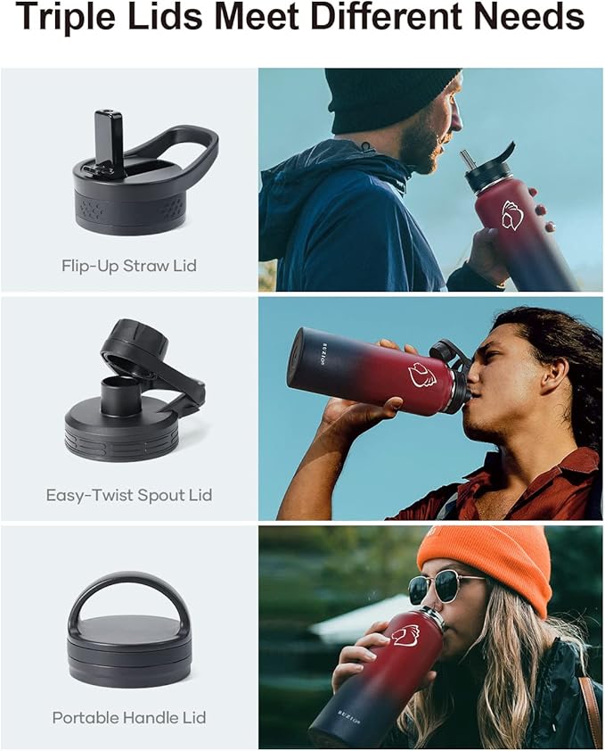BUZIO Water Bottle with Straw lid, Spout Lid, Hand Lid and Carrying Pouch, 32oz 40oz 64oz Stainless Steel Water Flask Jug, Cold for 48 Hrs Hot for 24 Hrs Double Vacuum Thermo Canteen Mug, BPA-Free