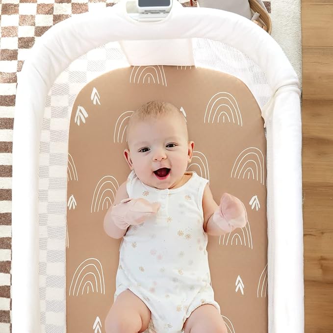 GRSSDER Stretchy Ultra Soft Fitted Bassinet Sheet Set 3 Pack, Universal Fit for Bassinets Baby Cradle Moses Basket Oval Rectangle Mattress Safe and Snug, Jungle Bear/Rainbow for Baby