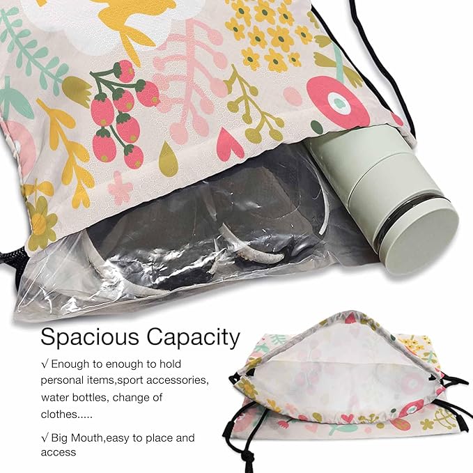 Drawstring Backpack Happy Easter Lightweight Gym Backpack Surrounding by Rabbits Pink Yellow Flower Red Berry Green Leaf for Women Men 14x16.9 Inch