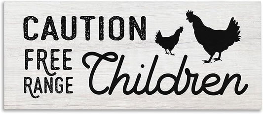 Stupell Industries Caution Free Range Children Sign Family Farm Birds, Designed by Daphne Polselli Canvas Wall Art, 24x10, Off- White