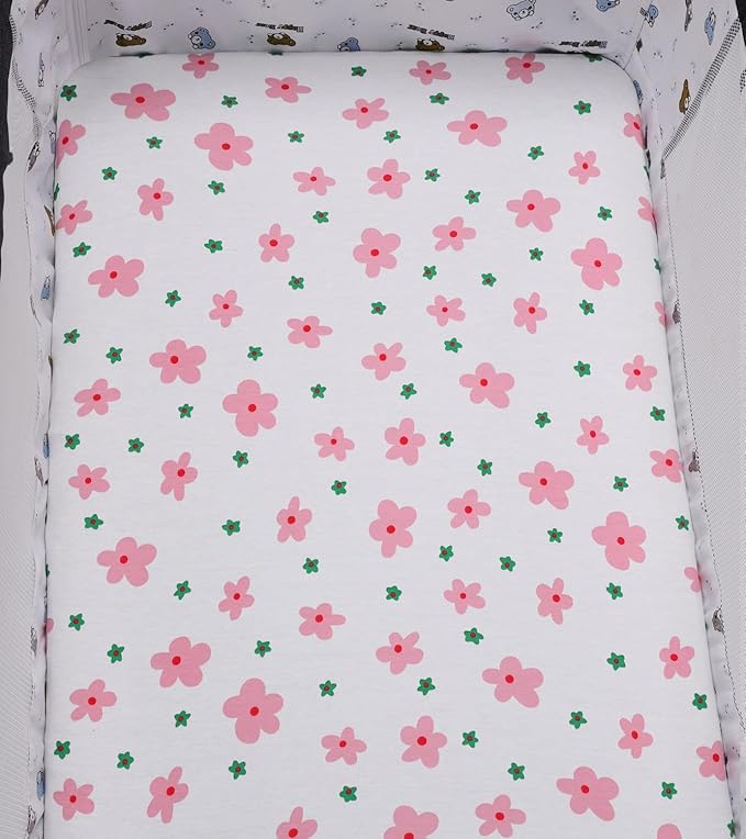 Bassinet Sheets Compatible with Maxi-COSI Iora/Swift Lightweight Portable Bassinet, Angelbliss Bassient, 2 Pack, 100% Jersey Knit Cotton 190GSM, Ultra Soft Breathable, Floral and Pink