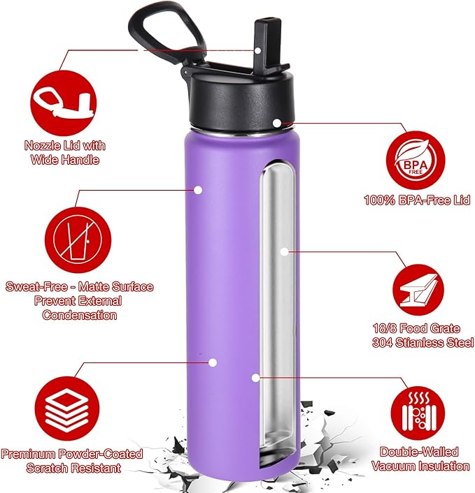 Volhoply 24oz Insulated Water Bottle With Straw Bulk 3 Pack,Metal Wide Mouth Water Bottles With Handle Lid,Reusable Double Wall Thermos,Powder Coated Sport Bottle For Holder(Lavender,3 Count)