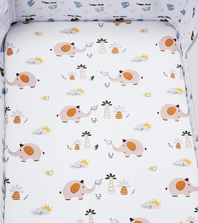 Bassinet Sheets Compatible with Maxi-COSI Iora/Swift Lightweight Portable Bassinet, Angelbliss Bassient, 2 Pack, 100% Jersey Knit Cotton 190GSM, Ultra Soft Breathable, Fox Deer and Elephant