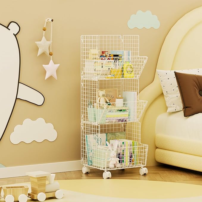 Sonyabecca Toy Organizer Basket Shelf with Wheel, S-Hooks, Rolling Cart Hanging Storage Baskets for Child Room, Playroom, Bedroom, Kitchen (White)