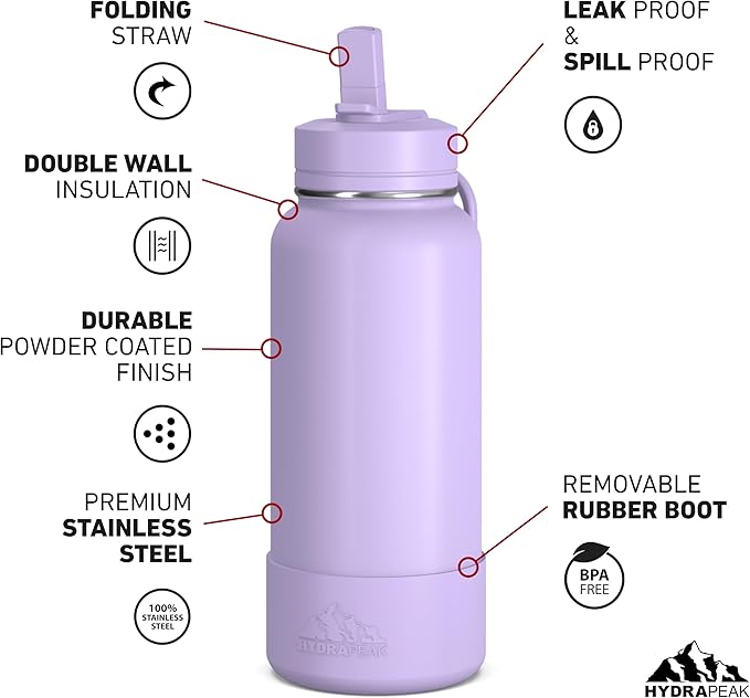 Hydrapeak 32oz Sport Insulated Water Bottle with Straw or Chug Lid, Leak & Spill Proof, Keeps Drinks Cold for 24 Hours, Hot for 12 Hours, Premium Stainless Steel Water Bottles (32oz, Dlavender)