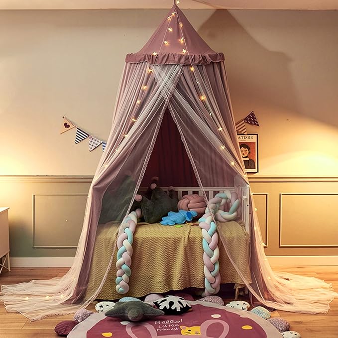 VETHIN Bed Canopy for Kids with Lights,Double Layer Princess Round Dome Children Dreamy Mosquito Net Bedding Girls Room Castle Play Tent Hanging House Decor Reading Nook Canopies(Jujube Red/White)