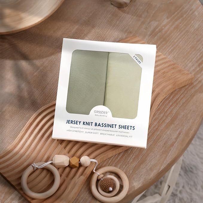 GRSSDER Stretchy Ultra Soft Fitted Bassinet Sheet 2 Pack, Universal Fit for Bassinets Baby Cradle Moses Basket Oval Rectangle Mattress Safe and Snug, Jersey Bassinet Sheets for Girls, Sage