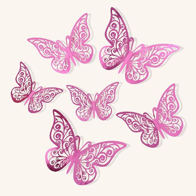 72Pcs 3D Butterfly Wall Decor 3 Sizes 3 Styles, Butterfly Decorations Party Birthday Cake Decoration, Removable Butterfly Wall Stickers for Kids Nursery Wedding Bedroom Room Decor(Pink)