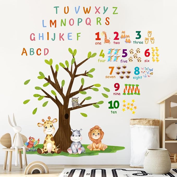 Kids Nursery Wall Decals, Alphabet Letters and Numbers, Animals Wall Stickers for Kids Room Decor