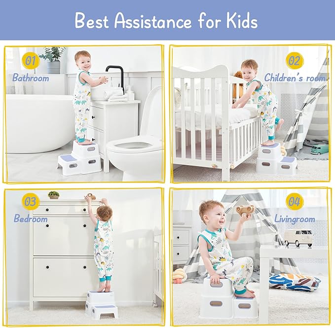 Forbena Kids Step Stool for Bathroom, 2 Step Stool for Toddlers Toilet Potty Training, Sturdy Children Plastic Step Stool for Bed Bathroom Counter Sink (White-Blue)