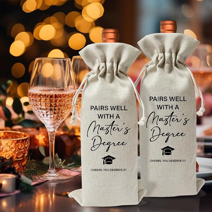 Masters Degree Graduation Gift Wine Bag For Him Her Son Daughter Friend Man Women, College Graduation Party Decor or Favors, Cotton Linen Wine Gift Bag With Drawstring