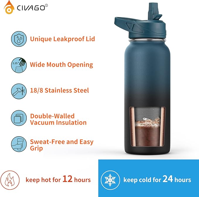 CIVAGO 32 oz Insulated Water Bottle With Straw, Stainless Steel Sports Water Flask Cup with 3 Lids (Straw, Portable Spout and Handle Lid), Double Walled Travel Thermal Canteen Mug, Cream