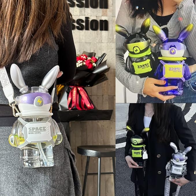 37 Oz Rabbit Water Bottle With Straw, Cool Lightning Space Rabbits Cup, Portable Outdoor Water Bottle, Suitable For Adults And Children Fitness Sports(Black)