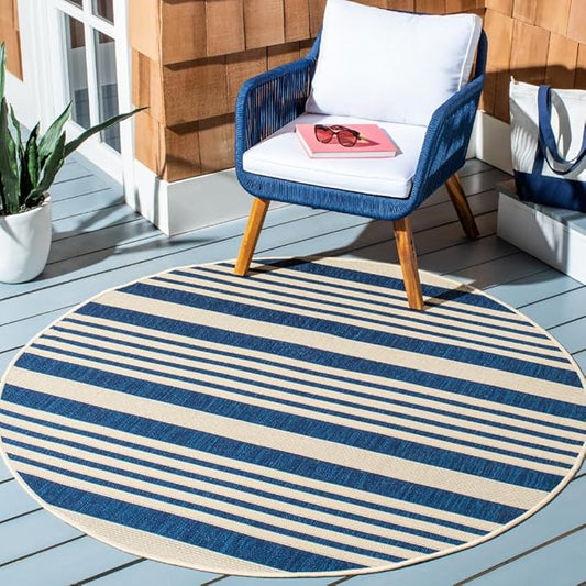 SAFAVIEH Courtyard Collection Area Rug - 5'3" Round, Navy & Beige, Non-Shedding & Easy Care, Indoor/Outdoor & Washable-Ideal for Patio, Backyard, Mudroom (CY6062-268)