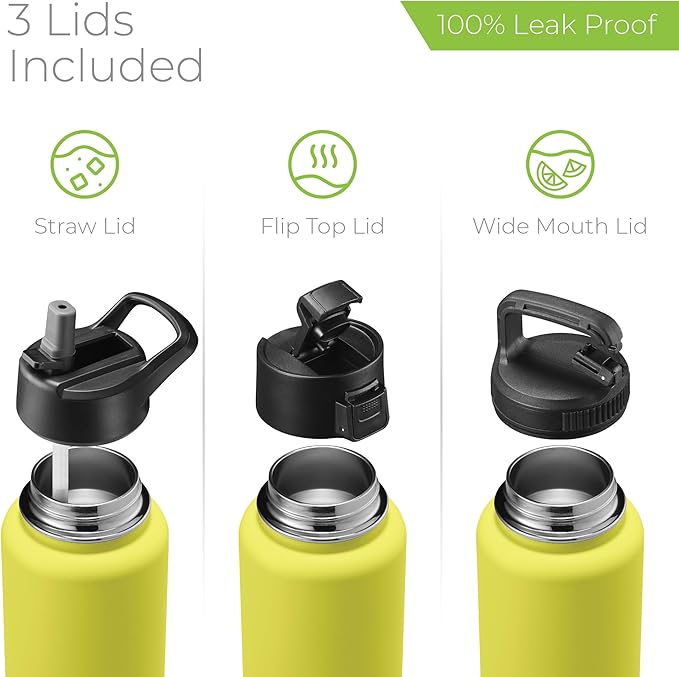 SipX™ Triple-Insulated Stainless Steel Water Bottle 40oz. With 3 Lids, BPA-Free Reusable Insulated Water Bottle Keeps Cold 24 Hours, Metal Water Bottle Made Of Sustainable Material For Hiking & Biking