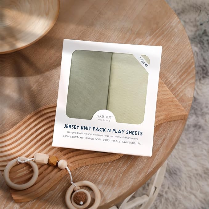 GRSSDER Mini Crib Sheets Fitted, Pack and Play Sheets 2 Pack, Ultra Soft Stretchy Pack N Play Sheets, Universal Fit for Playard Mattress, Jersey Crib Sheets for Boys and Girls, Sage Green