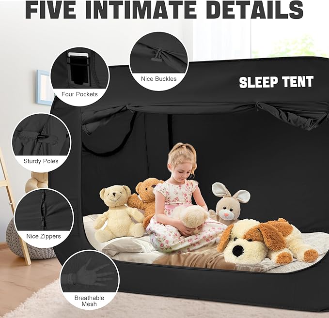 BORNA Bed Canopy Bed Tent Dream Tents Autism Shelter Cabin Indoor Sleeping Tents Privacy Warm Breathable Pop Up Twin Size Double Door with Mosquito Mesh Window for Kids and Adult (Black)