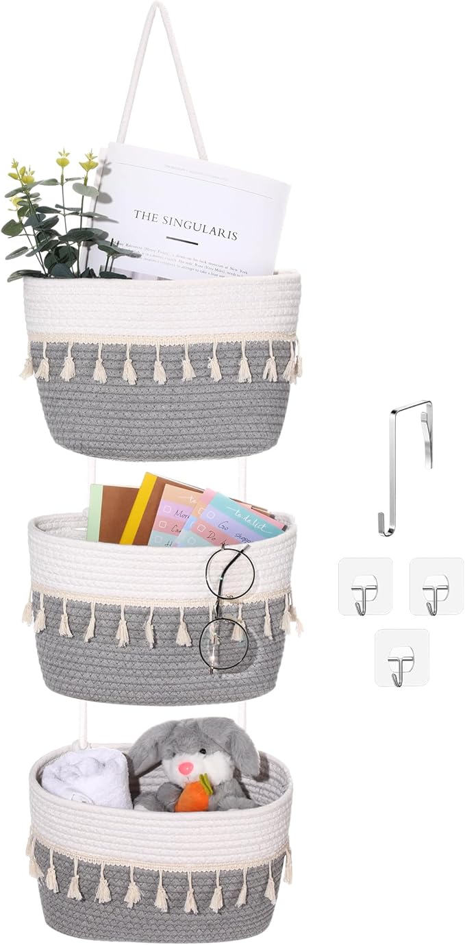 Over The Door Hanging Basket Boho Woven Wall Hanging Baskets 3-Tier Cotton Wall Mounted Storage Organizer Bag Macrame Decorative Hanging Baskets for Kitchen Laundry Room Stairs(Gray, White)