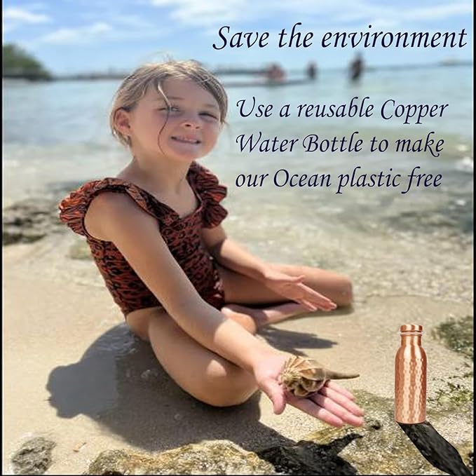 Pure Copper Water Bottle - Handcrafted - Ayurveda health benefits - Small 15 oz - Leak proof, Easy to carry for Sports, Fitness, Yoga, School - Natural Hammered Beaten Copper Finish