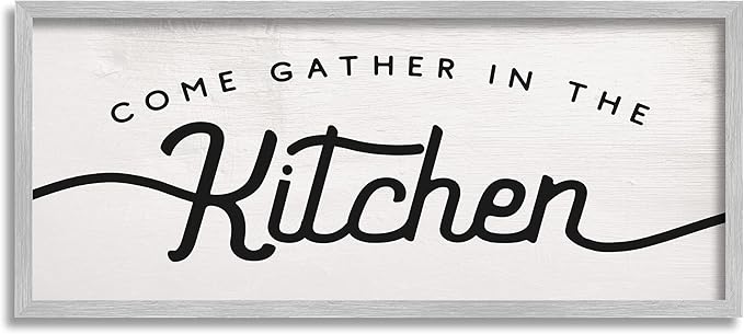 Stupell Industries Come Gather in The Kitchen Sign Family Charm, Designed by Daphne Polselli Gray Framed Wall Art, 13 x 30, Off-White