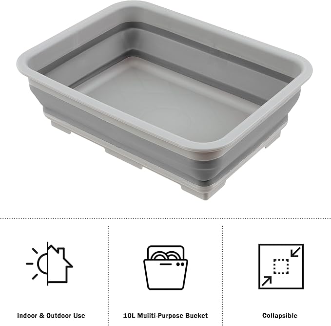 Wakeman 10L Gray Collapsible Multiuse Bin-Portable Wash Basin/Dish Tub/Ice Bucket with 10 L Capacity for Camping, Tailgating, Outdoors, 14.75” L x 10.75” W x 5” H