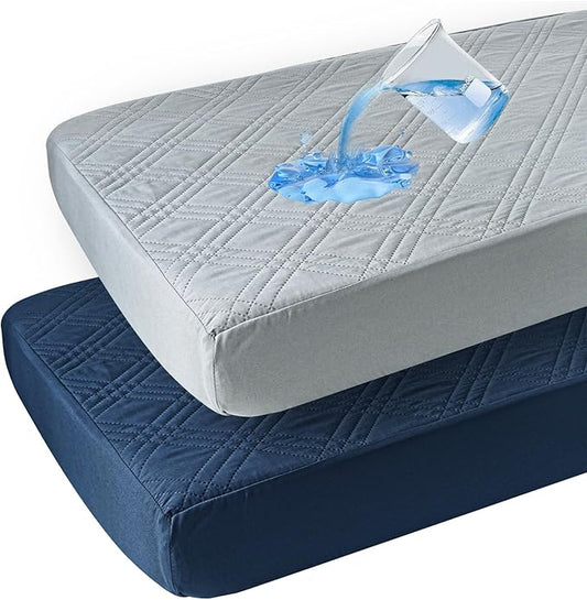 Waterproof Crib Mattress Protector 2 Pack, Ultra Soft Breathable Crib Mattress Pad Cover for Boys, Fit Standard Crib Mattress and Toddler Mattresses, Grey & Navy Blue