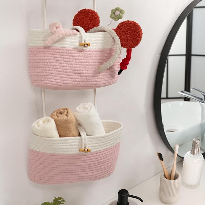 TeoKJ Over The Door Hanging Baskets with Button Strap, 3-Tier Woven Cotton Storage Organizer Bag, Wall-Mounted with Hook Decorative Hanging Nursery Baskets - Pink+White