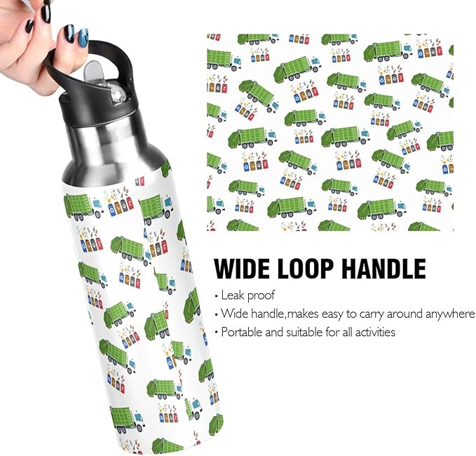 Garbage Truck Trash Recycling Stainless Steel Water Bottle with Straw Lid - 20 Oz Sports Insulated Water Bottle Thermos for Sport Gym Outdoor Travel School