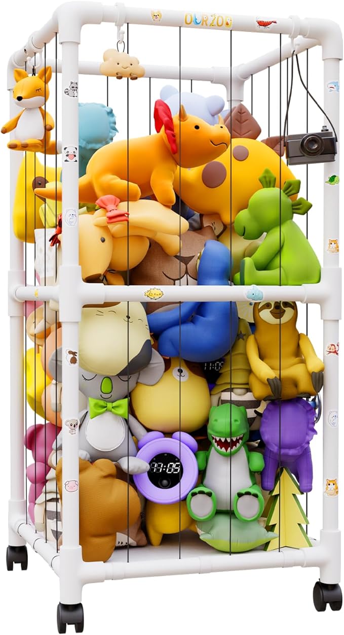 Large Stuffed Animal Zoo Cage with Wheel, Plush Animal Storage Holder for Stuffed Animals, Playroom, Bedroom, Nursery, Stuffed Animal Storage Shelves Display Decor, Kids Toy Storage Organizer