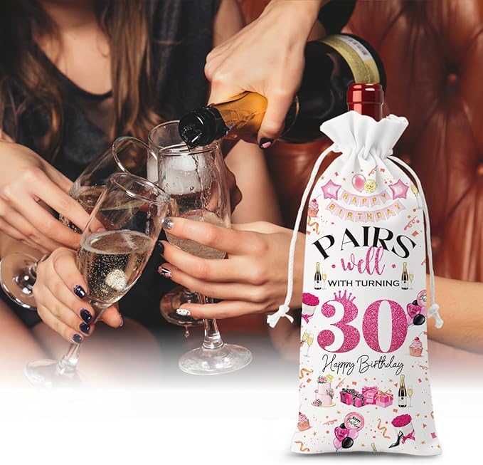 30th Birthday Gifts for Her Women Men Wine Bag, 30 Year Old Birthday Gifts for Women Men, Happy 30th Birthday Party Decorations for Her Him, Pairs Well with Turning 30 Wine Bags (White Pink)