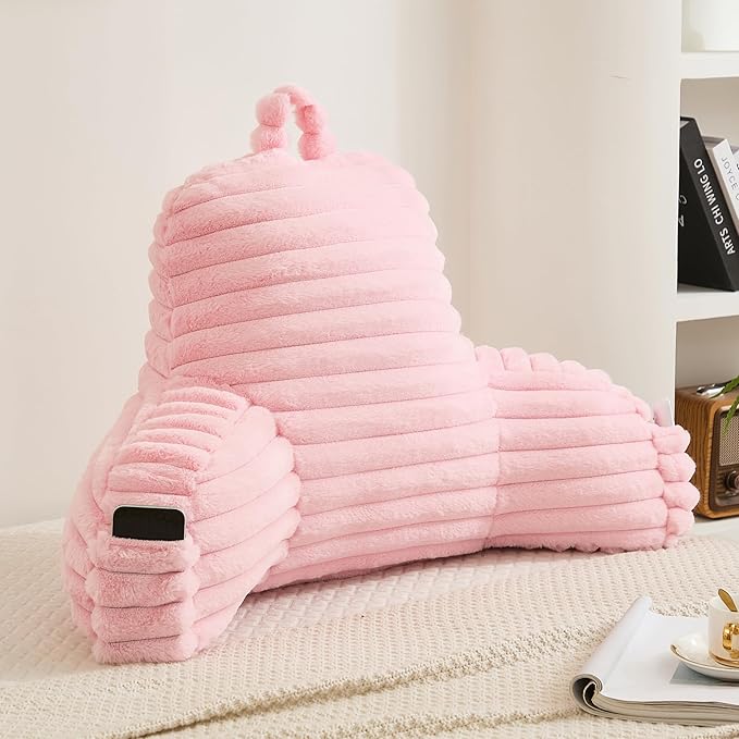 Faux Fur Fluffy Pink Reading Pillow with Pockets, Luxury Striped Plush Decorative, Arm Rests and Back Surport for Bed Rest, Lounging on sofa, Standard