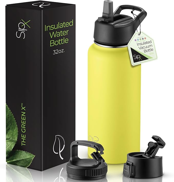 SipX™ Triple-Insulated Stainless Steel Water Bottle 32oz. With 3 Lids, BPA-Free Reusable Insulated Water Bottle Keeps Cold 24 Hours, Metal Water Bottle Made Of Sustainable Material For Hiking & Biking