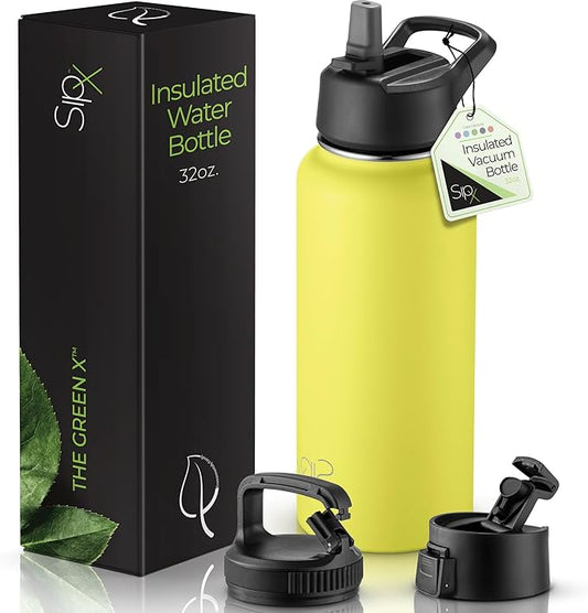 SipX™ Triple-Insulated Stainless Steel Water Bottle 32oz. With 3 Lids, BPA-Free Reusable Insulated Water Bottle Keeps Cold 24 Hours, Metal Water Bottle Made Of Sustainable Material For Hiking & Biking