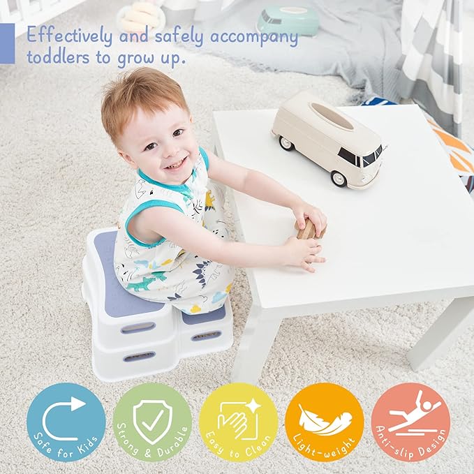 Forbena Kids Step Stool for Bathroom, 2 Step Stool for Toddlers Toilet Potty Training, Sturdy Children Plastic Step Stool for Bed Bathroom Counter Sink (White-Blue)