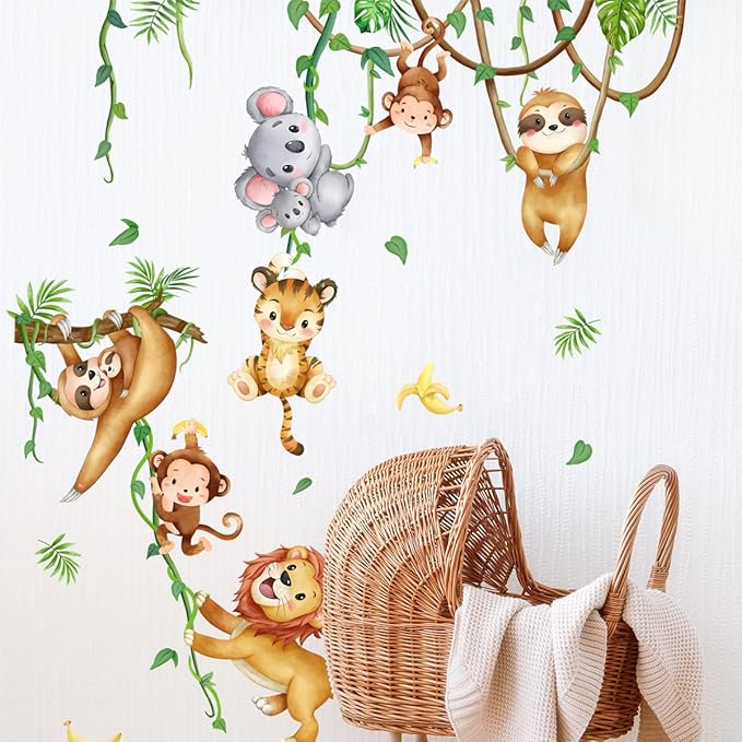Lion Monkey Sloth Koala Tiger Wall Stickers Jungle Animals Climbing Tree Wall Decals Peel and Stick Wall Art Decals for Kids Bedroom Baby Nursery Living Room Playroom Boys Girls Bedroom