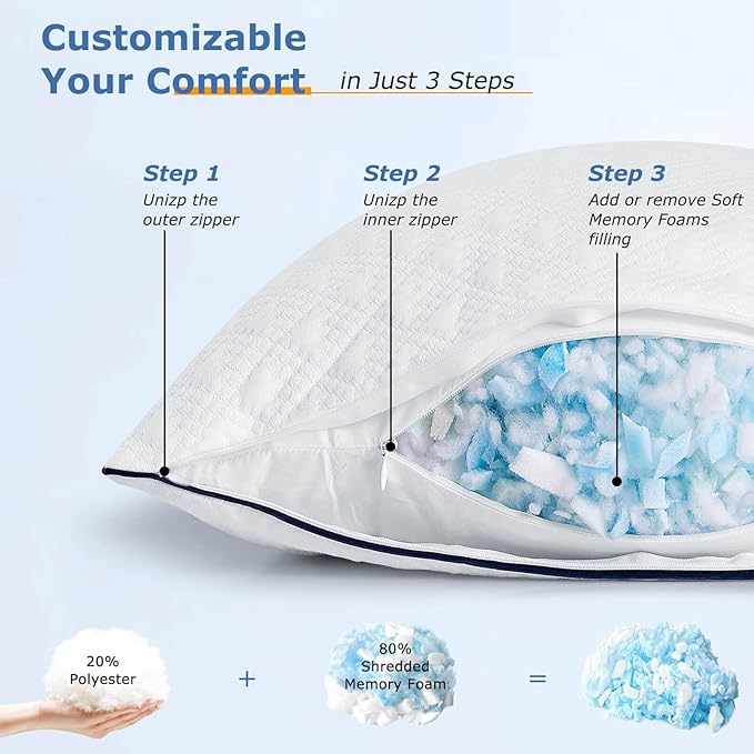 Cooling Bed Pillows Queen Size Set of 2 for Sleeping, Adjustable Shredded Memory Foam Pillows for Side Back Stomach Sleepers - Luxury Gel Pillows Hotel Pillows with Washable Removable Cover