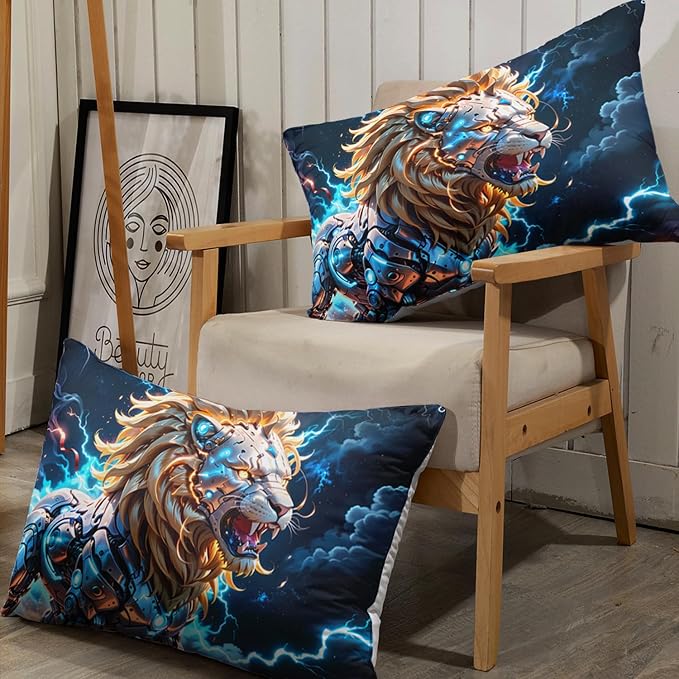 AILONEN Boys Lion Fitted Sheet Set Full Size, Safari Animal Lion Blue Lightning 3 Pieces Printed Kids Bed Sheet Set,Wildlife Fitted Sheet with 2 Pillowcases