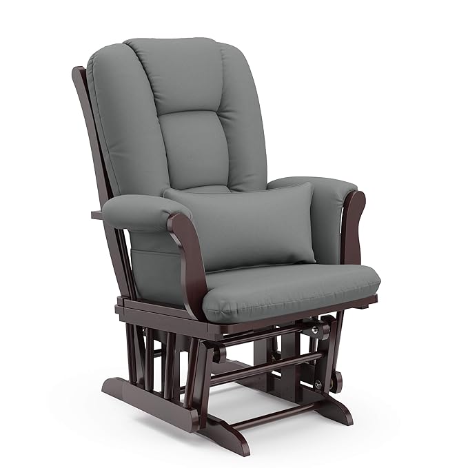 Storkcraft Tuscany Custom Glider and Ottoman with Free Lumbar Pillow (Espresso/Grey) - Cleanable Upholstered Comfort Rocking Nursery Chair with Ottoman