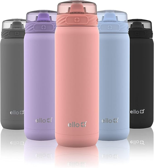 Ello Cooper 22oz Stainless Steel Water Bottle with Straw and Carry Handle, Double Walled and Vacuum Insulated Metal, Leak Proof Locking Lid with Soft Silicone Spout, Reusable, BPA Free, Coral