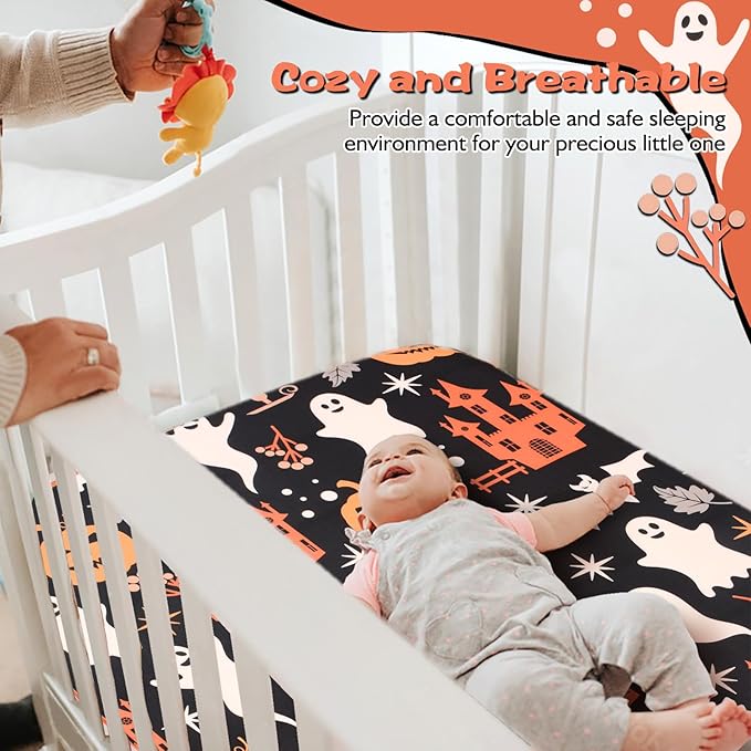 JISEN Halloween Crib Sheet Ghosts Fitted Crib Sheet for Boys Girls Crib Mattress Cover Baby Sheet for Standard Crib and Toddler Mattress Soft Breathable Baby Bed Sheet for Neutral 52x28 Inch Castles