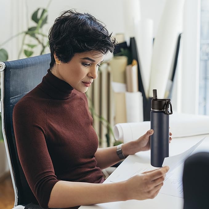 Volhoply 24 Ounce Insulated Water Bottle With Straw Lid,Stainless Steel Wide Mouth Sport Bottles With Handle,Double Wall Vacuum Thermos keep Cold,Reusable Travel Thermal Cups For Holder,Gym(Navy,1)