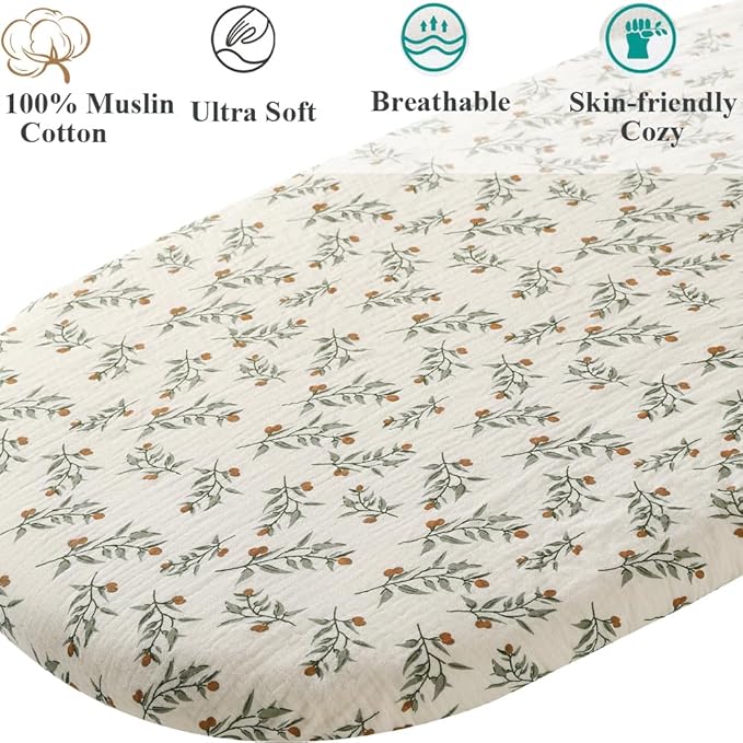 Muslin Bassinet Sheet Compatible with RONBEI Bassinet Bedside Sleeper, Cuddor, QUTANIX, BUBAVAN Bassinet Bedside, 2 Pack Cotton Fitted for Baby Roman Green & Botanical Leaf