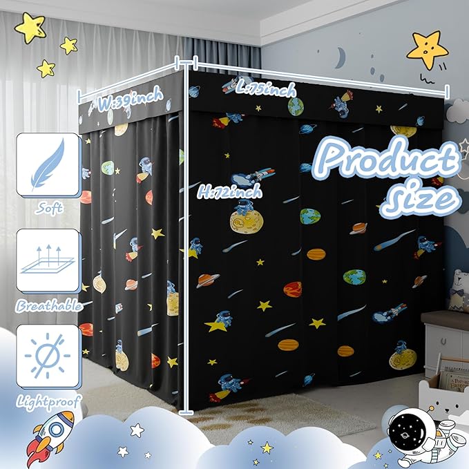 Hvqic Black Canopy Bed Curtains - 4 Corner Post Bed Curtains Twin Bed Curtains Lightproof Drapes Bed Canopy for Adults & Girls Bedroom Decoration(Twin,Black-Planet)