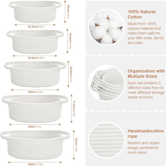 Small Woven Basket with Handles, 5 Pack Cotton Rope Room Shelf Storage Basket for Organizing Small Round Basket Baby Nursery Bins, White (Off White)