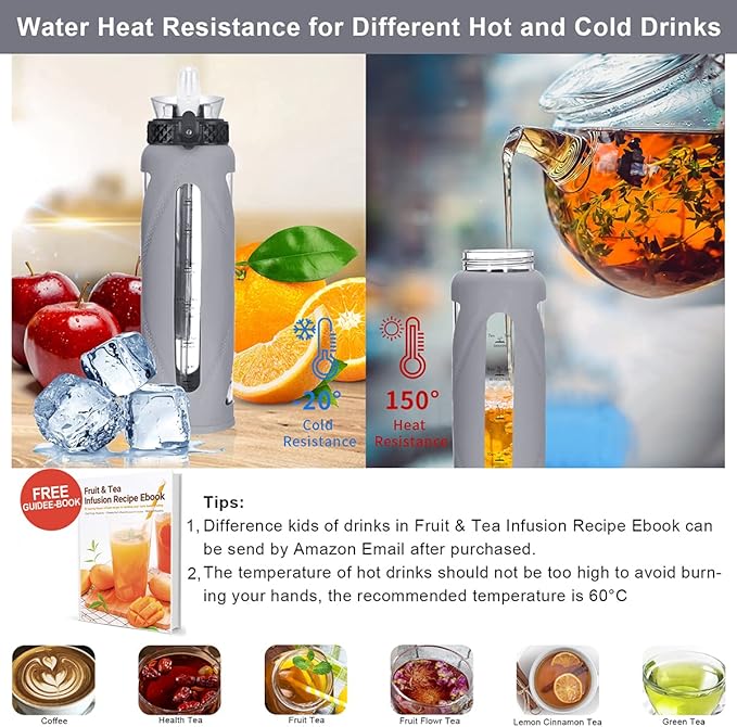 Glass Water Bottles with Straw and Flip Lid, Motivational Water Bottles with Time Marker Reminder and Silicone Sleeve, Leakproof, BPA Free (32 oz, Grey)