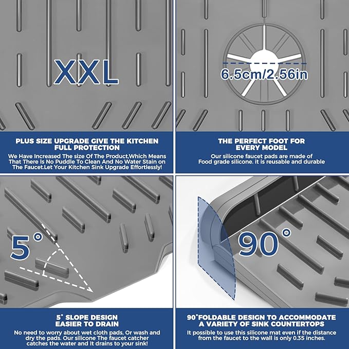 Kitchen Sink Faucet Splash Guard XXL Silicone Sink Faucet Drying Mat Faucet Handle Drip Catcher Tray, Dish Sponge Holder Kitchen Sink Accessories Protector Home Kitchen Organization Gadgets Organizer