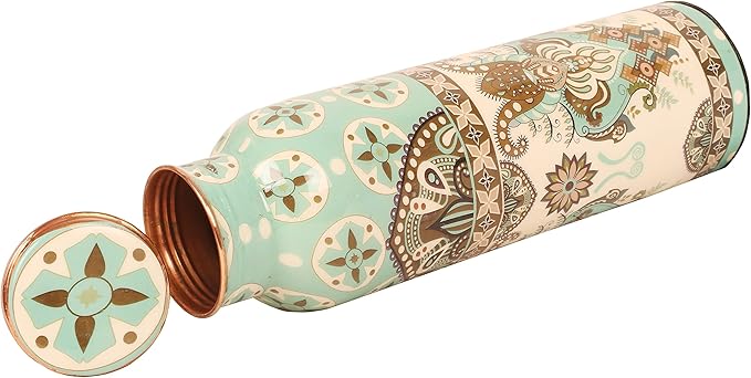 Pure Copper Water Bottle Handcrafted - Ayurveda health benefits - Large 35 oz - Leak proof, Easy to carry for Sports, Fitness, Yoga, School- Exemplary Royal Floral Patterns Sky Blue Enamel