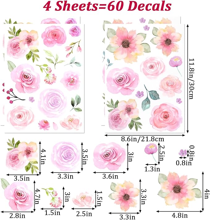 60pcs Pink Flower Wall Sticker Watercolor PVC Peel and Stick Wall Decals Cute Peony Floral and Leaves Pastel Flower Decor for Kids Bedroom Living Room Baby Nursery Kindergarten